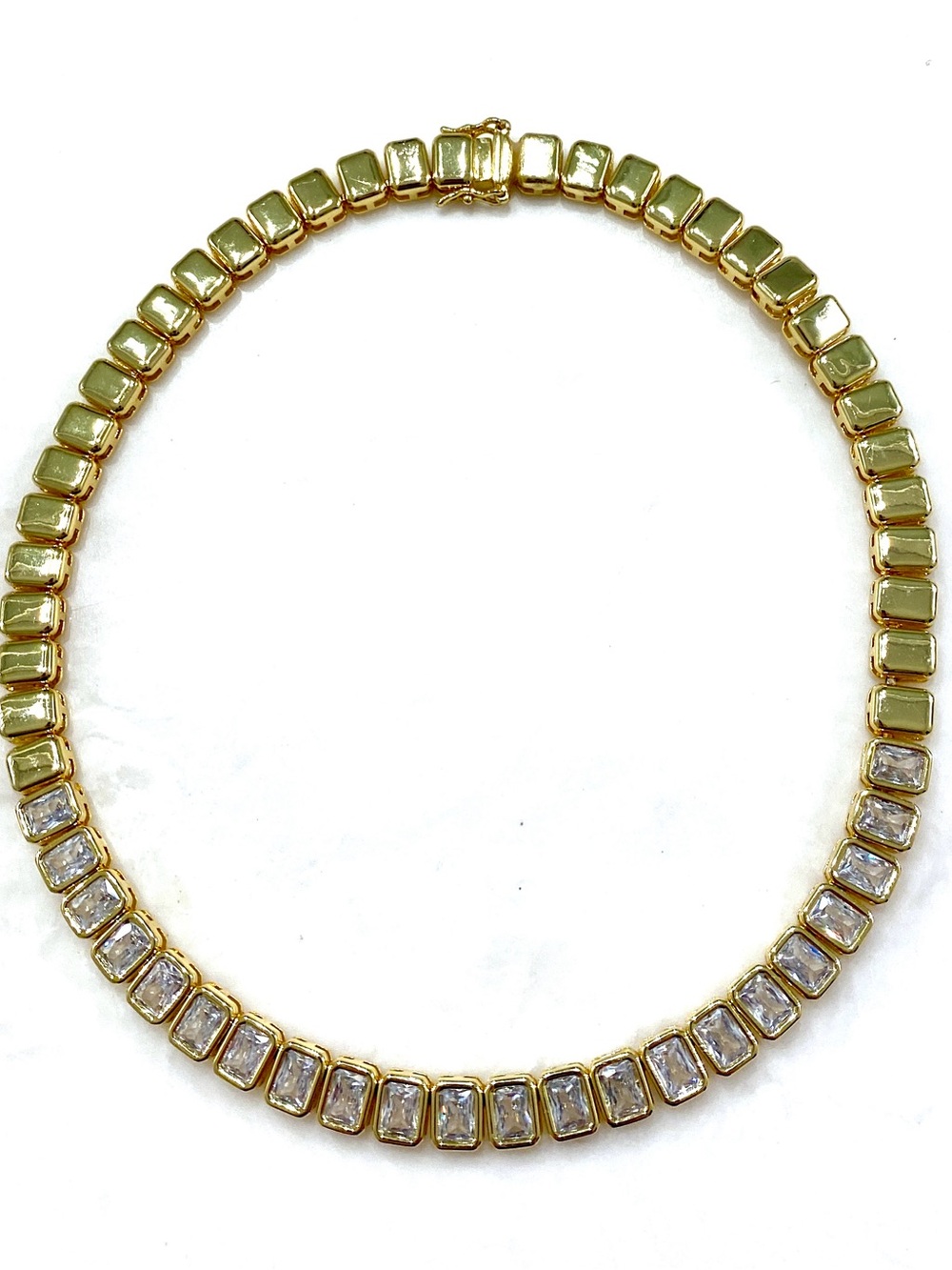 Splash Gold Tone Emerald Cut Rhinestone Crystal Bezel Tennis Collar Necklace